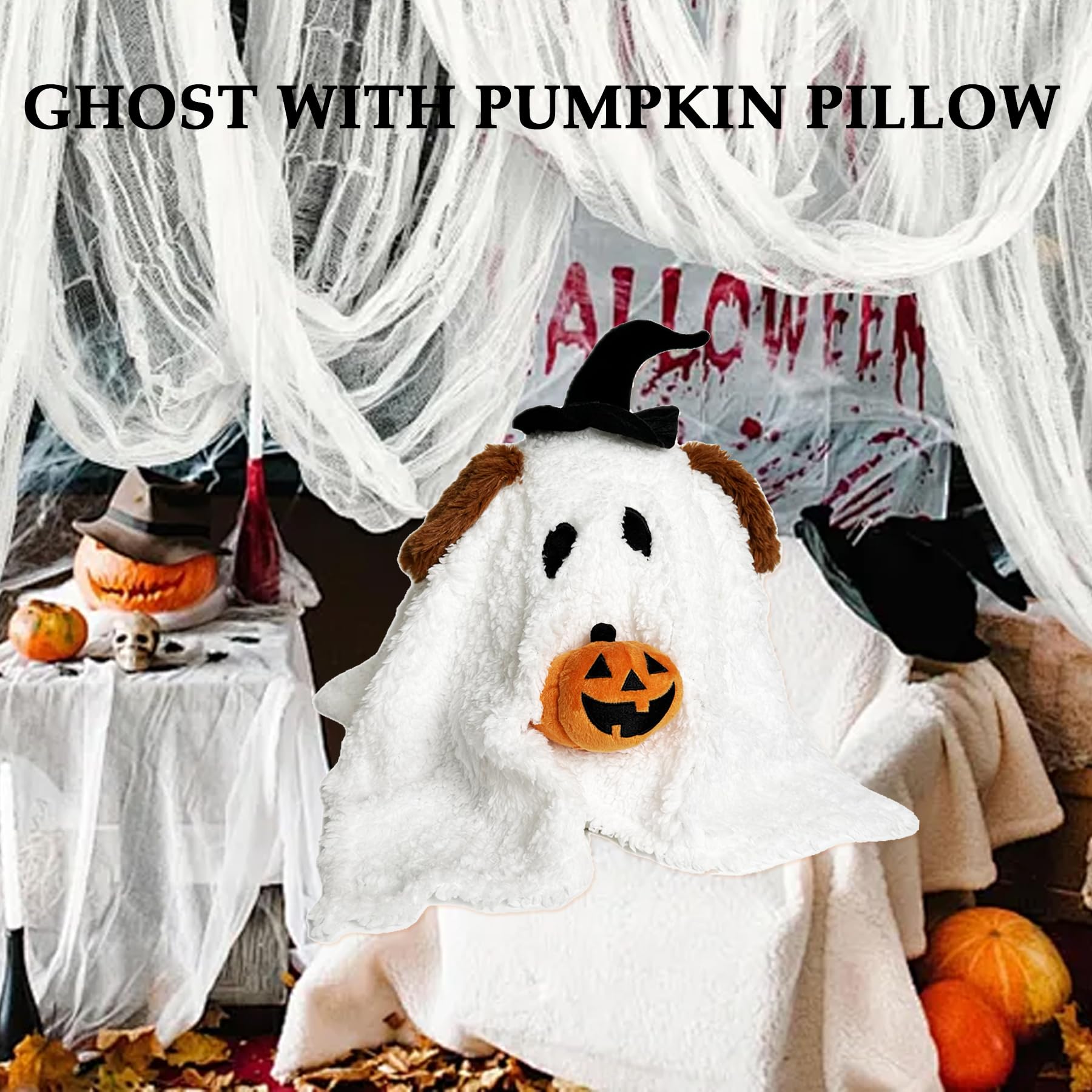 Rdogeia Ghost with Pumpkin Pillow,Dog Ghost Holding Pumpkin Plush,Cute Halloween Toys Halloween Stuffed Animal,Halloween Party Favors,Halloween Treat Bag Stuffers Gifts Kids Boys Girls