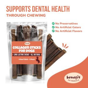 Benefit Pet Products Collagen Sticks for Dogs - Single Ingredient Dog Treat, Rawhide Free, Collagen Chews for Dogs, Long Lasting Dog Chew, Alternative to Bully Sticks (6 inch, 5 Sticks)