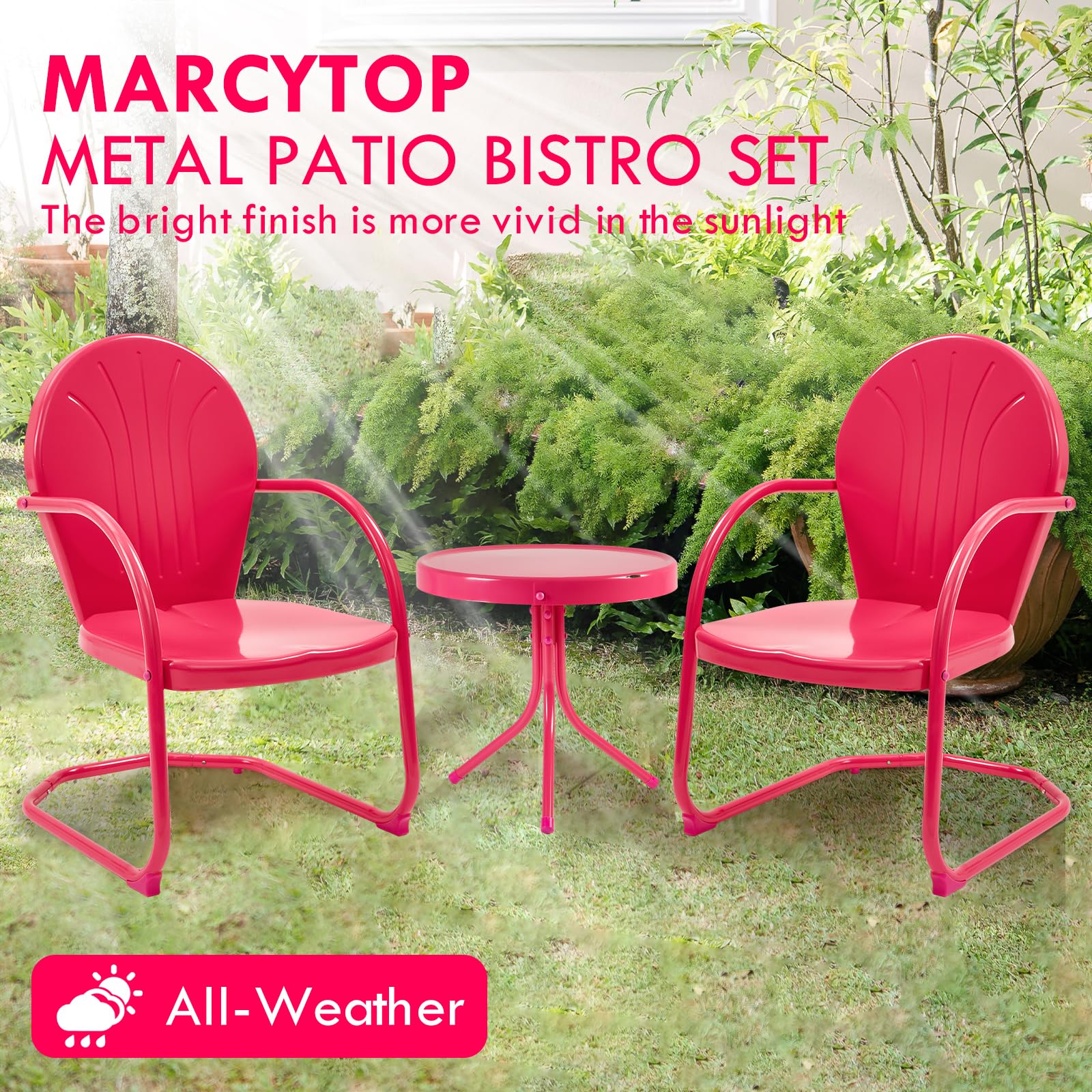 Marcytop Outdoor Bistro Set, 3 Pieces Retro Metal Porch Furniture Set, All-Weather Patio Bistro Set, 2 C-Spring Metal Chairs and Round Side Table for Porch, Garden, Lawn and Balcony, Rose