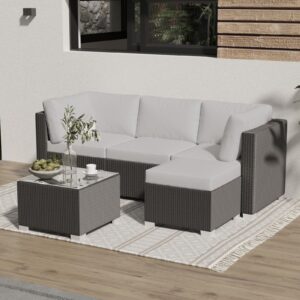 GarveeLife 5-Piece Outdoor Patio Rattan Wicker Sofa Set, Pe Rattan Conversation Sectional with Thickened Back Cushion, Glass Tabletop, Ottoman - Ideal for Courtyard Space, Light-Grey