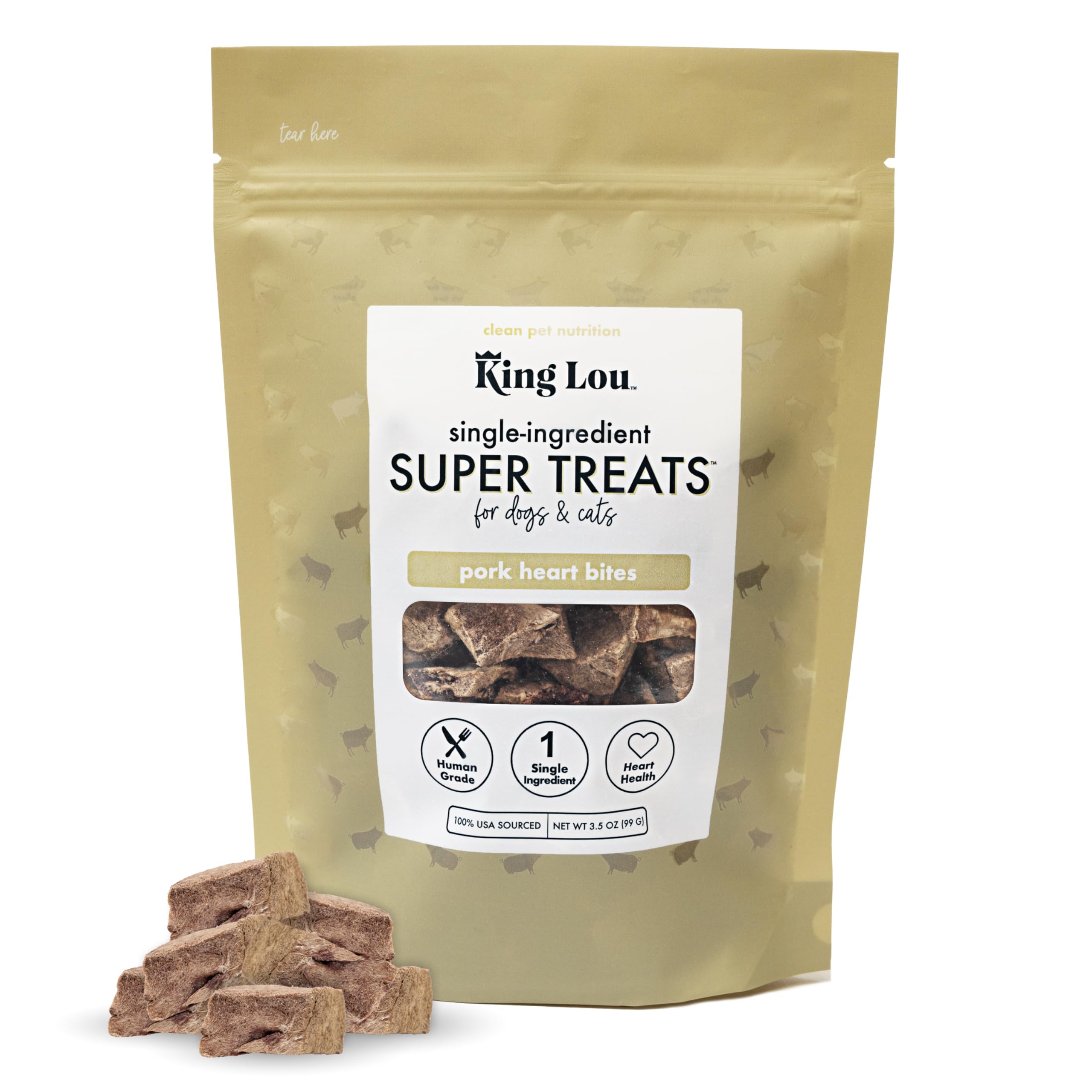 King Lou Pets - Pork Heart Bites for Dogs and Cats - USA-Made Freeze Dried Treats - Taurine, Zinc, and Iron - 1 lb Prior to Freeze-Drying