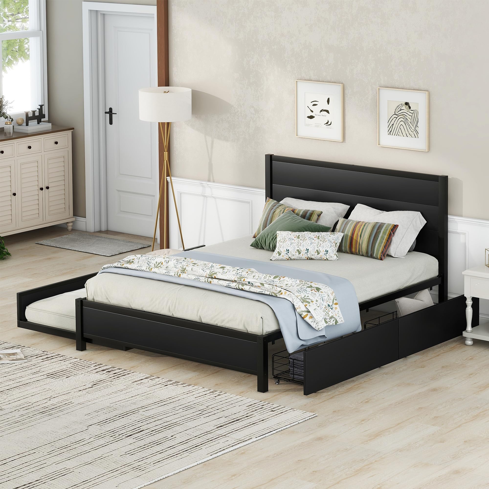 Bellemave Queen Size Bed Frame with Twin Size Trundle and 2 Storage Drawers, Metal Platform Bed Frame with Headboard, Queen Storage Bed with Trundle for Bedroom, No Box Spring Needed (Queen)