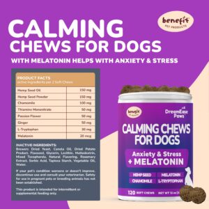 Calming Chews for Dogs - Dog Calming Chews for Separation, Dog Anxiety Relief Treats, Dog Sleep Support - Chamomile, and Melatonin for Dogs - 120 Soft Chews, Made in USA