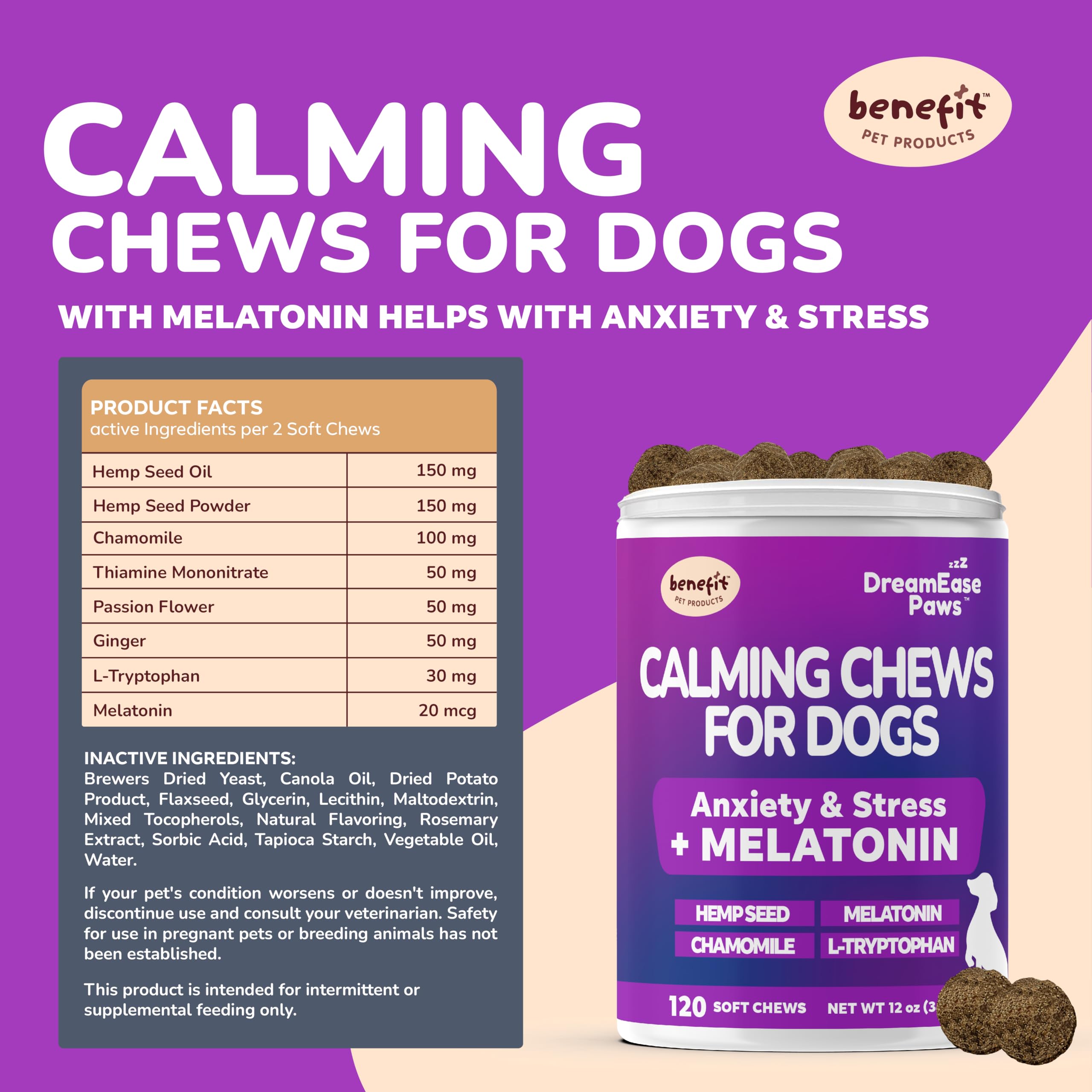 Calming Chews for Dogs - Dog Calming Chews for Separation, Dog Anxiety Relief Treats, Dog Sleep Support - Chamomile, and Melatonin for Dogs - 120 Soft Chews, Made in USA