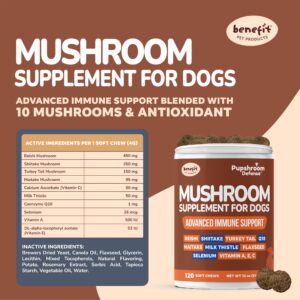 Mushroom Supplement for Dogs - Turkey Tail, Lions Mane, Reishi & Milk Thistle for Dogs, for Immune Support, Hip and Joint, Skin and Coat - Dog Vitamins, 120 Soft Chews- Mushroom for Dogs