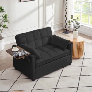 JEEOHEY 3 in 1 Sleeper Sofa Bed,47" Velvet Tufted Futon Pull Out Couch Bed,2 Seater Loveseat Chaise Lounge with Reclining Adjustable Backrest&Table for Living Room,Apartment,Office,Small Space(Black)