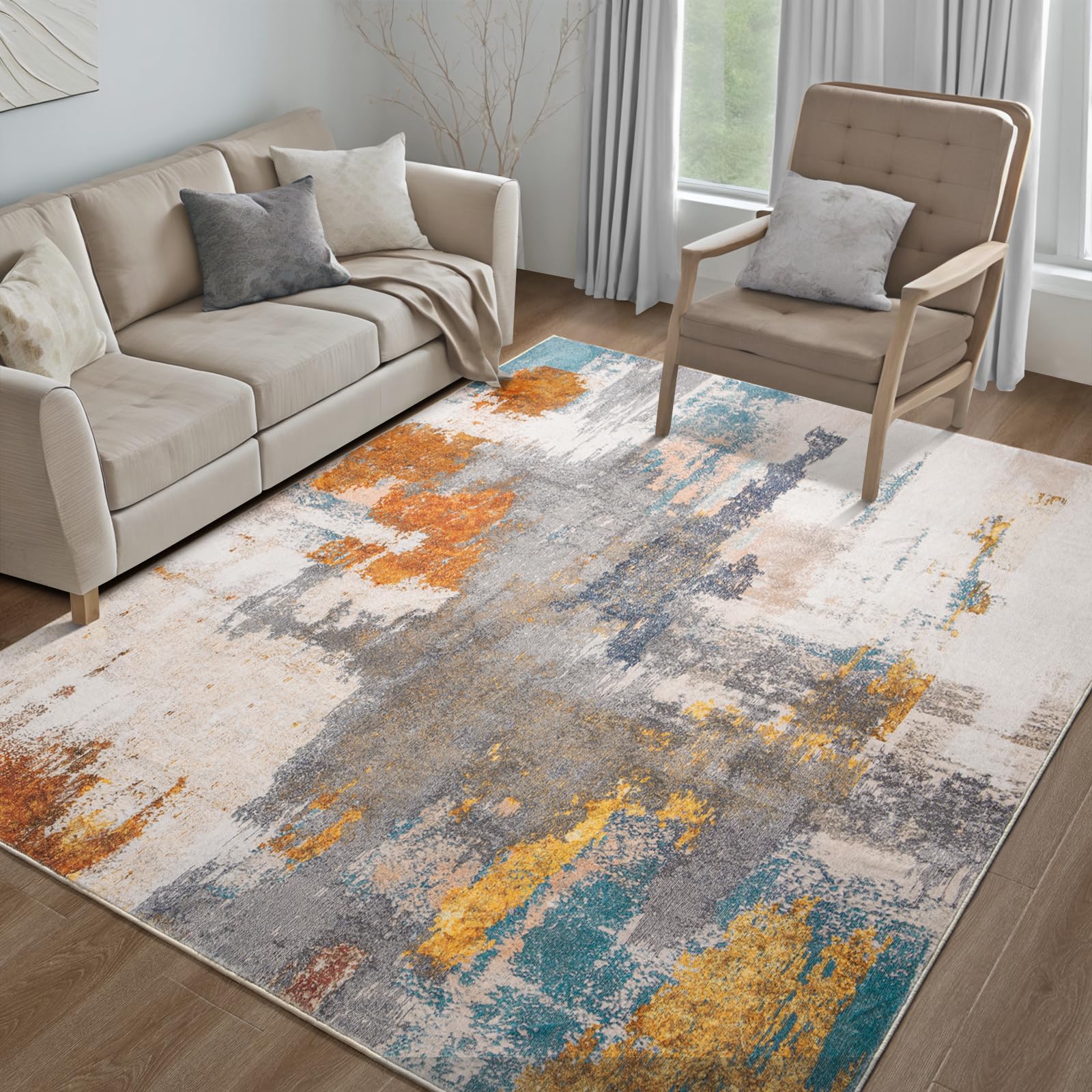 Area Rug Living Room Rug, 5x7 Modern Abstract Washable Rug Grey Non Slip Foldable Faux Wool Vintage Rug, Fluffy Non-Shedding Faux Wool Carpet for Living Room, Bedroom, Dining Room, Kids Playroom