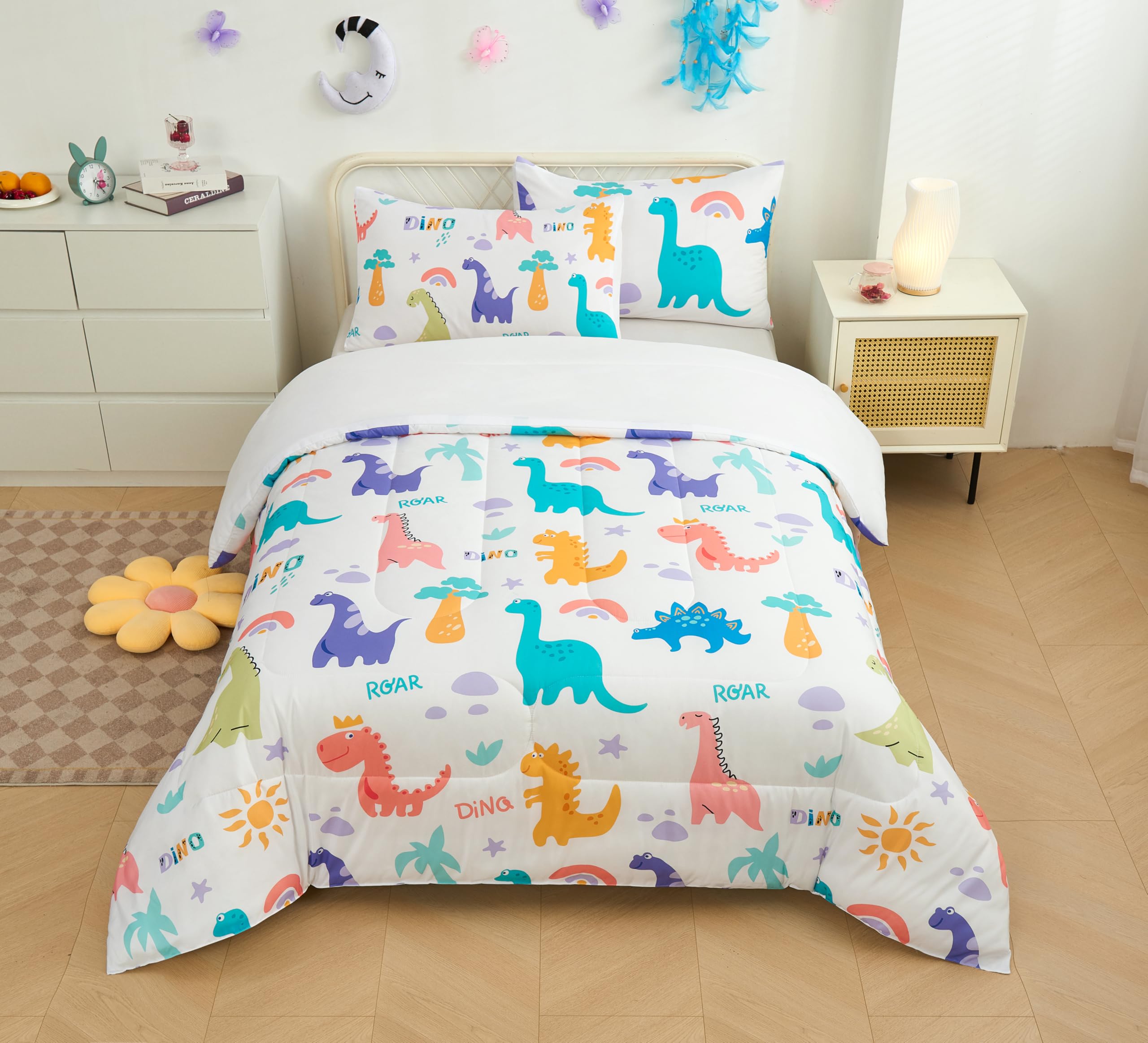 YHXSLY Dinosaur Comforter Set Twin Size, 3 PCS Dinosaur Print Cartoon Kids 3D Quilts Bedding Sets Room Decor Bedding Set All Season for Child Gift Birhday Halloween (Dino, Twin)