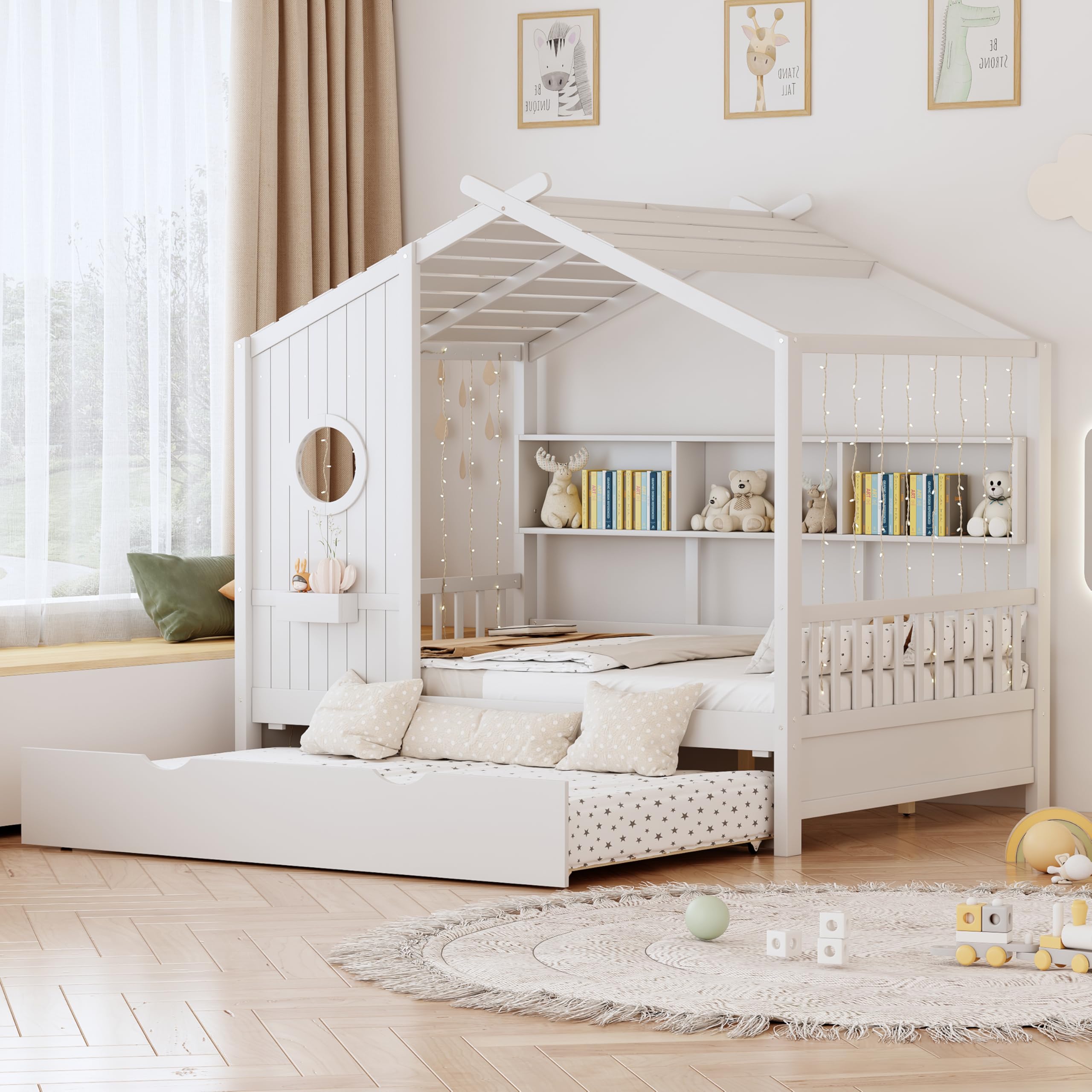 Full Size House Bed with Trundle for Kids,Full Kids Bed Frame with Storage Shelves,Wood House Bed Frame for Girls,Boys,Can be Decorated,White