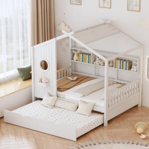 Full Size House Bed with Trundle for Kids,Full Kids Bed Frame with Storage Shelves,Wood House Bed Frame for Girls,Boys,Can be Decorated,White