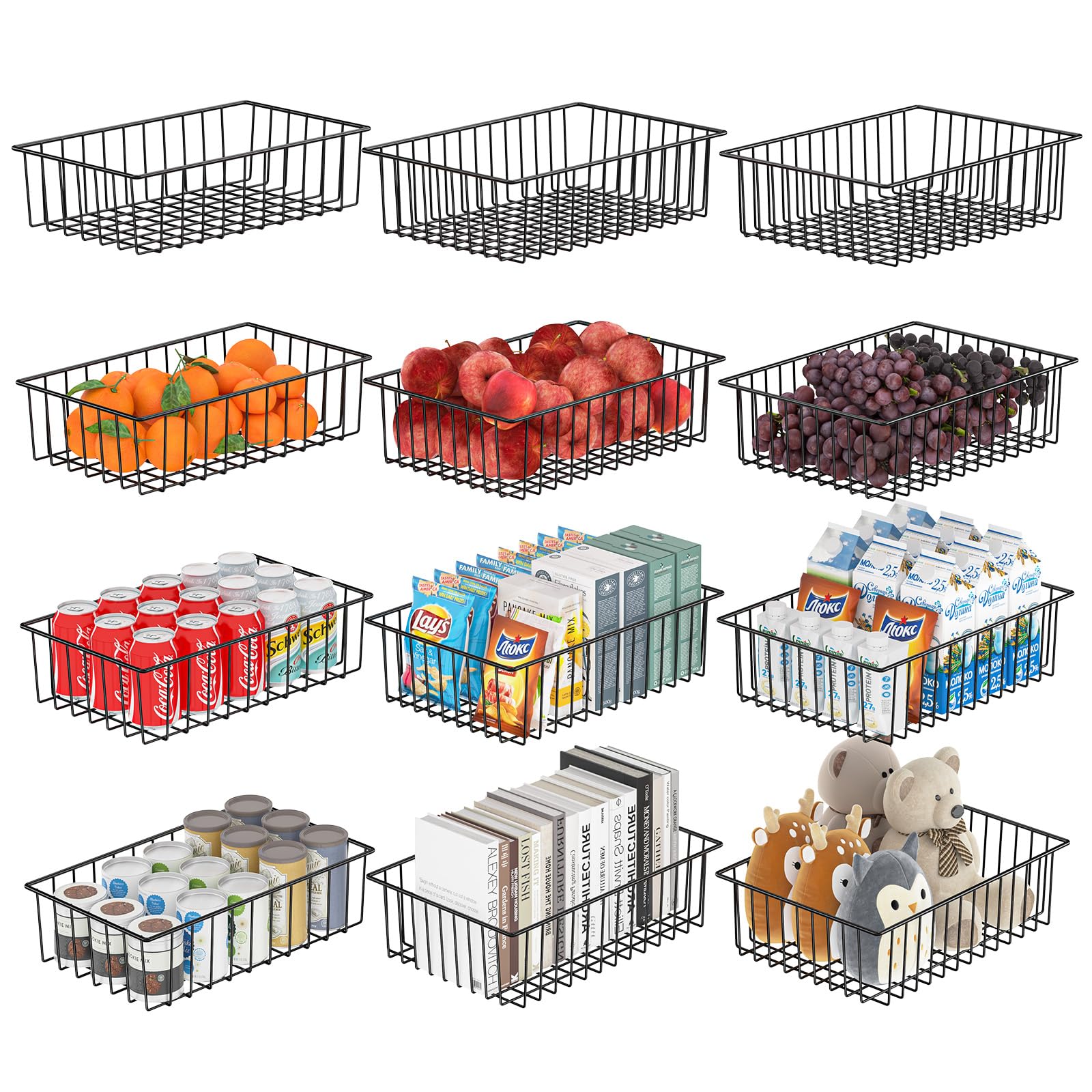 12 Pack Extra Large Wire Storage Baskets for Organizing, Pantry Organization Bins Cabinets - Metal Basket Kitchen, Laundry