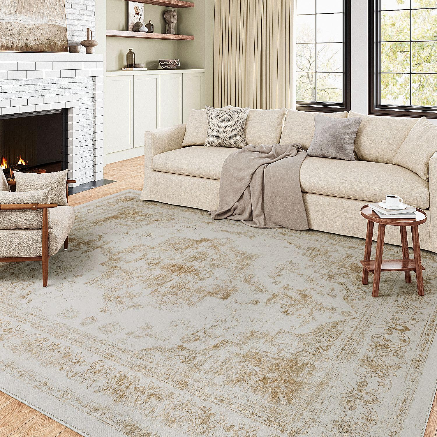 PureCozy Vintage Area Rug 8x10 Indoor Bedroom Rug Beige Medallion Washable Living Room Carpet Retro Accent Throw Rug Distressed Rug for Office Dining Room Nursery