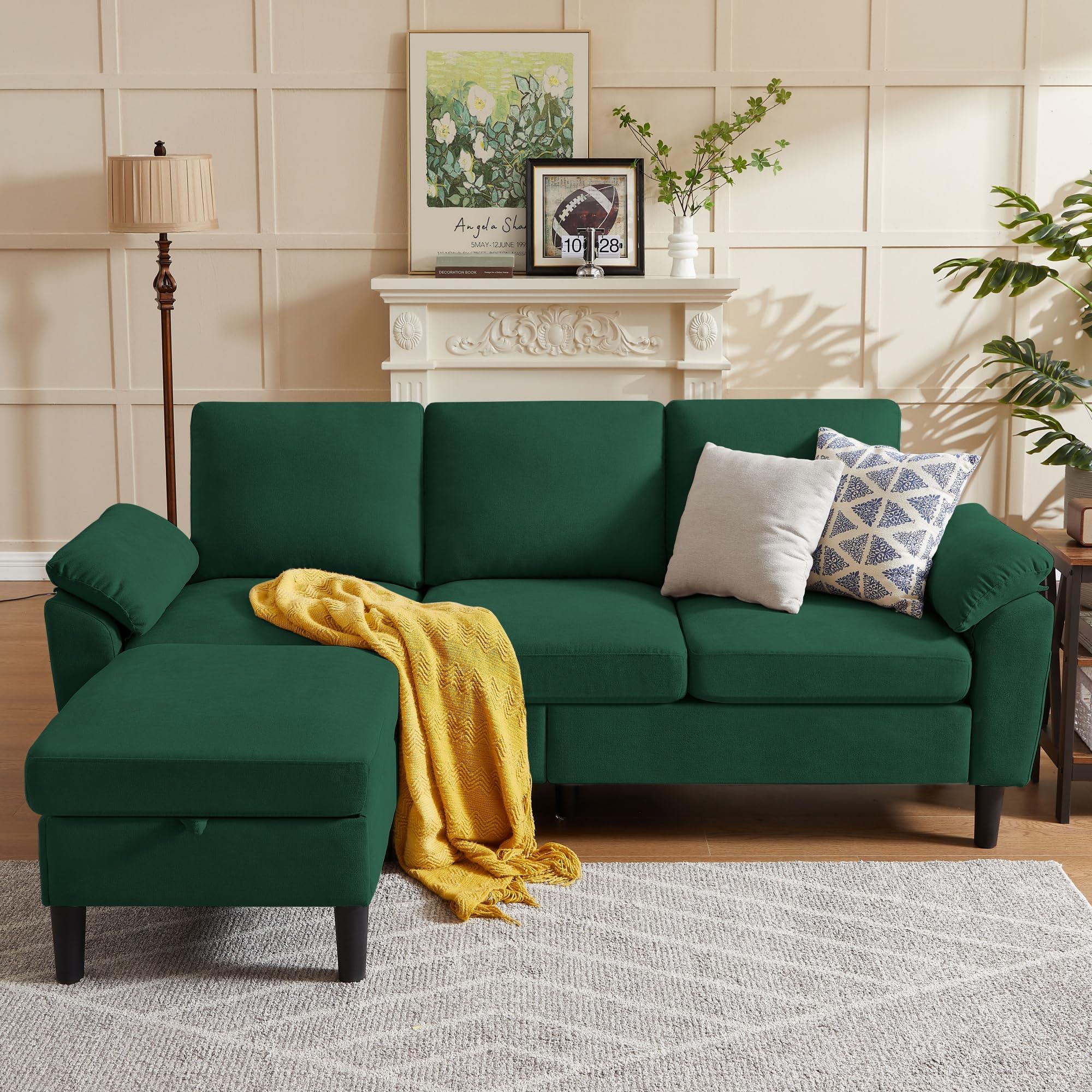 Chireca 80" Convertible Sectional Sofa, Small L Shaped 3 Seat Couch with Reversible Storage Chaise, Modern Polyester Fabric Sofa Couches for Living Room, Apartment and Small Space, Green