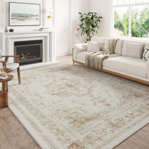 PureCozy Vintage Area Rug 8x10 Indoor Bedroom Rug Beige Medallion Washable Living Room Carpet Retro Accent Throw Rug Distressed Rug for Office Dining Room Nursery