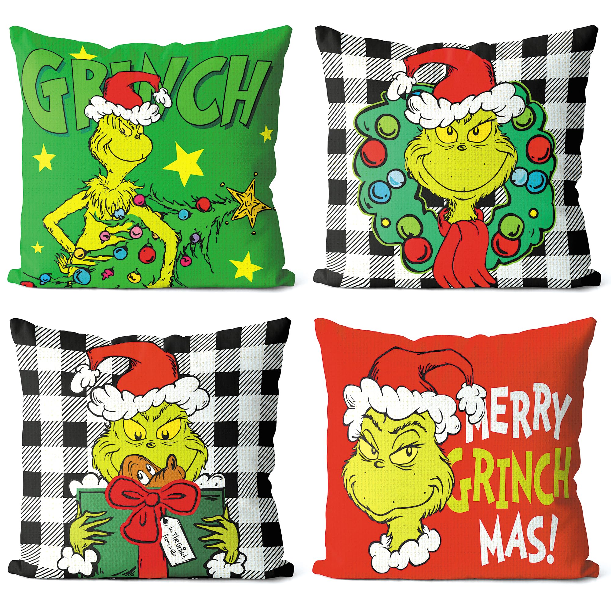 Merry Christmas Throw Pillow Covers 18 x 18 Inches Merry Girnchmas Buffalo Plaid Pillowcase Happy New Year Farmhouse Pillow Case Xmas Decoration for Living Room Sofa Bed Home Set of 4 (Christmas-03)