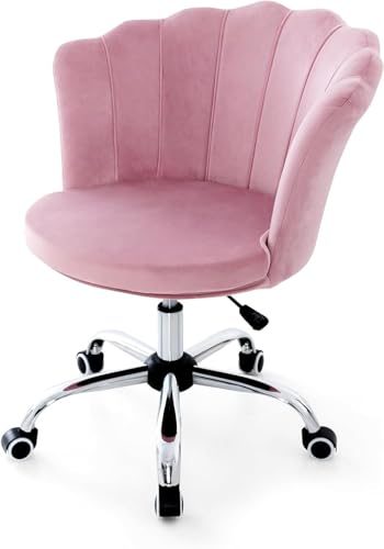 Nightcore Vanity Chair, Upholstered Cute Desk Chair, Swivel Height Adjustable Vanity Chair, Desk Chair Comfy, Shell Back Makeup Chair, Pink Desk Chair Cute w/Wheels for Girls Women