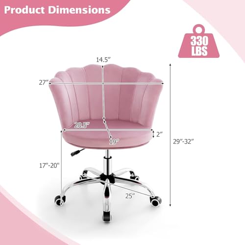 Nightcore Vanity Chair, Upholstered Cute Desk Chair, Swivel Height Adjustable Vanity Chair, Desk Chair Comfy, Shell Back Makeup Chair, Pink Desk Chair Cute w/Wheels for Girls Women