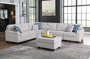 favfurish 125" linen 7-piece modular l-shaped sectional sofa with ottoman, customizable couch with pocket coil seating and 6 accent pillows for living room or family room,light gray