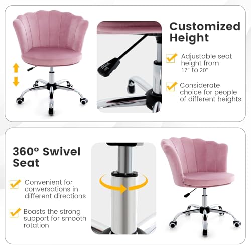 Nightcore Vanity Chair, Upholstered Cute Desk Chair, Swivel Height Adjustable Vanity Chair, Desk Chair Comfy, Shell Back Makeup Chair, Pink Desk Chair Cute w/Wheels for Girls Women