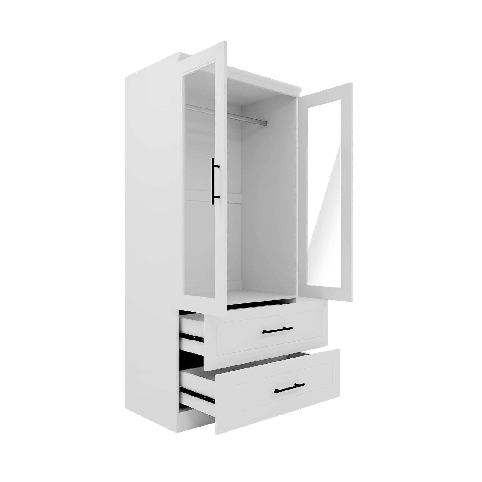 Keloyid Wooden Armoire Wardrobe Closet with Glass Door, Bedroom Armoire Storage Cabinet, 4 Door Modern White Armoire Wardrobe Closet with Hanging Rod for Bedroom