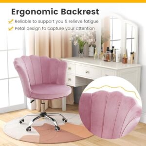 Nightcore Vanity Chair, Upholstered Cute Desk Chair, Swivel Height Adjustable Vanity Chair, Desk Chair Comfy, Shell Back Makeup Chair, Pink Desk Chair Cute w/Wheels for Girls Women