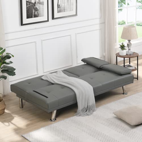 Futon Sofa Bed Modern Folding Couch for Small Space, Faux Leather Convertible Loveseat Sleeper Bed Daybed Recliner Lounge Sofas for Living Room,2 Cup Holders,Metal Legs,Removable Armrests (Gray)