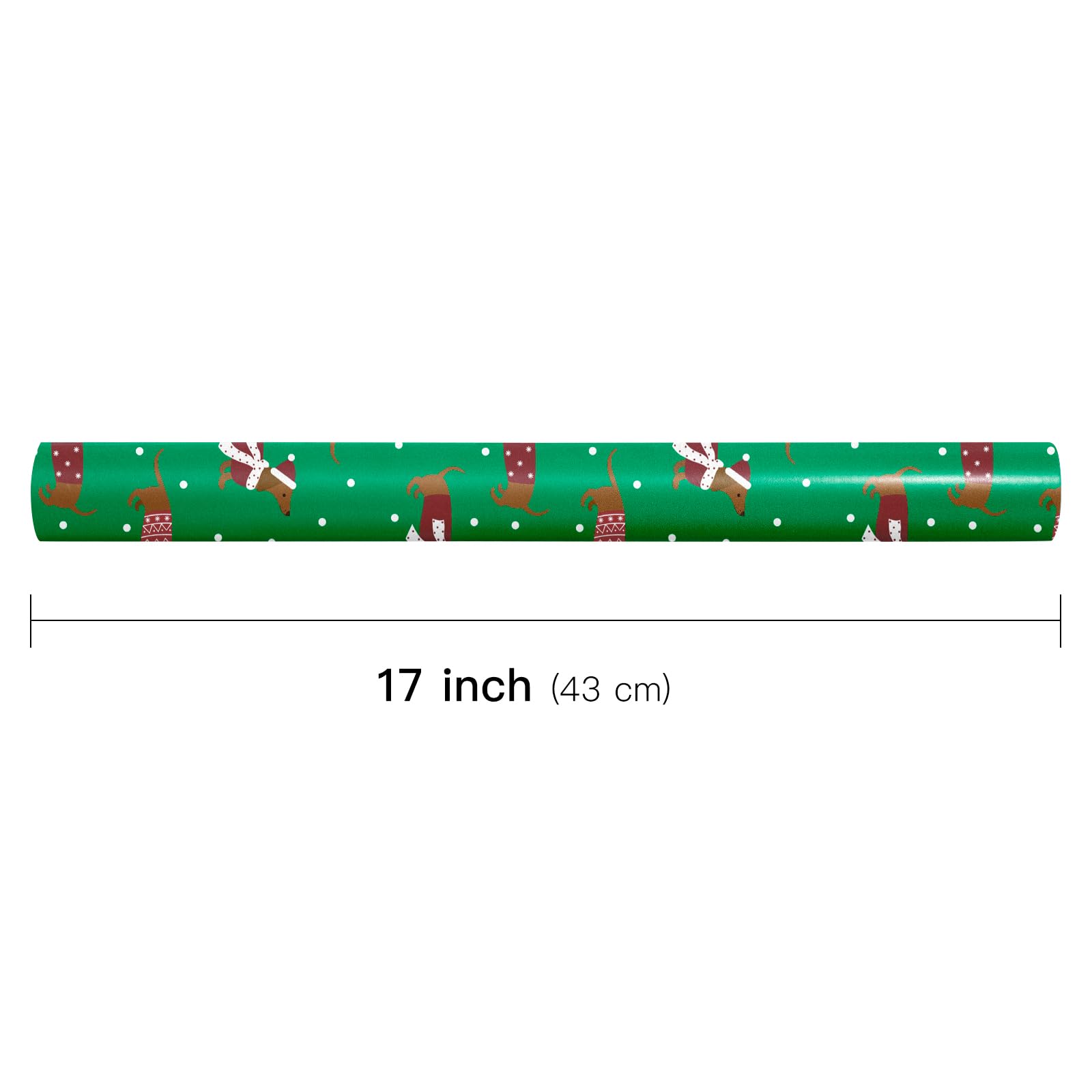 LeZakaa Christmas Green Wrapping Paper Roll - Dachshund Dressed in Festive customes, White Dots Xmas Green Design for Christmas, Holiday Party Gift Wrap - 17 inches x 16.4 Feet (23.2 sq.ft.)