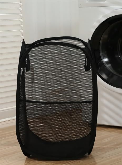 Clasoul pop up hamper with a handle, portable foldable laundry basket. The mesh laundry basket is breathable and moisture-proof, and the large capacity pop up laundry is suitable for home（black）