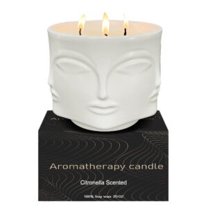 citronella candles outdoor, yeeque aromatherapy candle long lasting 100hrs with ceramic face design for outside party camping 20oz,3wicks