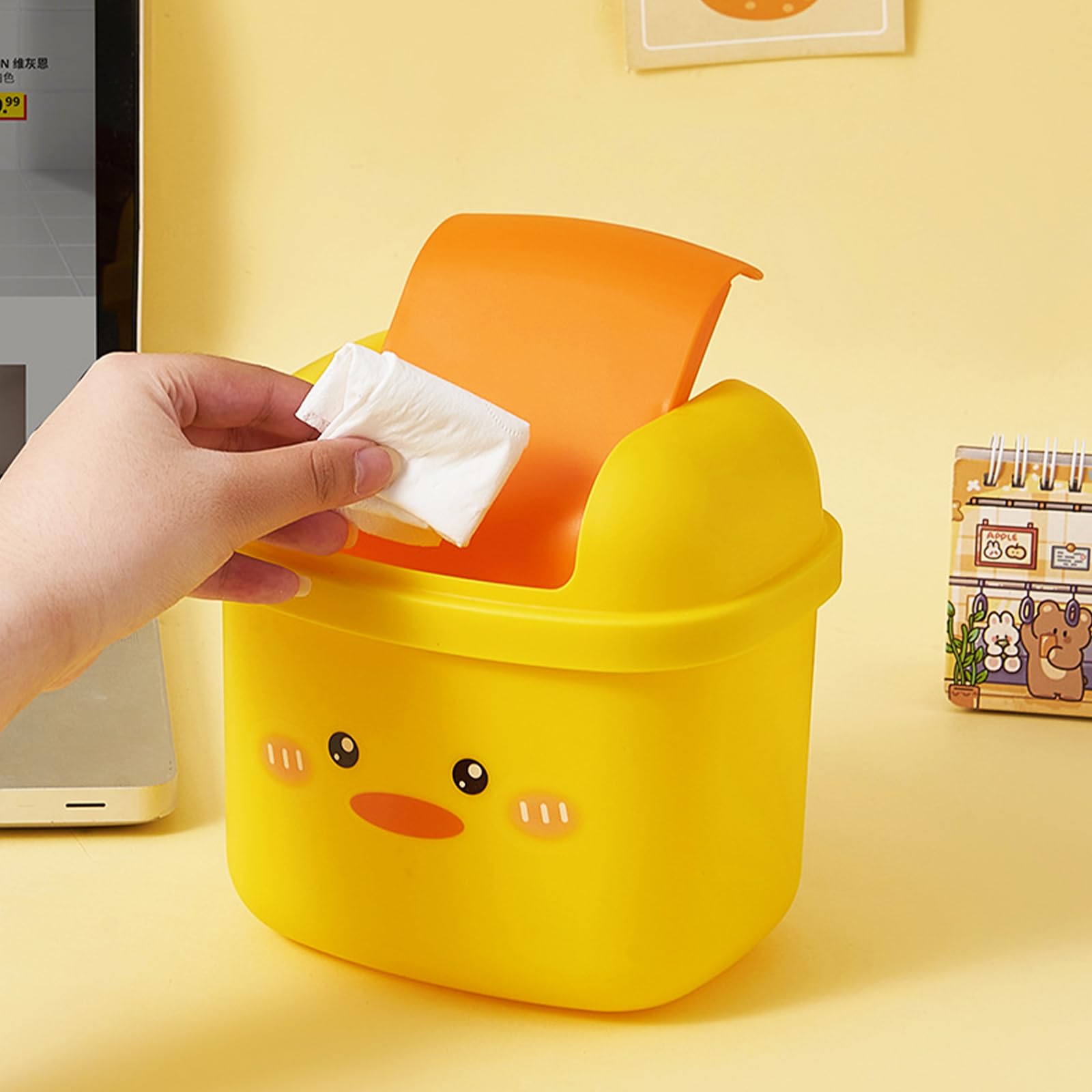 WCHOSOZH Cute Small Trash Can, Mini Desktop Trash Bin, Kawaii Cartoon Animal Shaped Garbage with Flip Lid for Bedroom, Bathroom, Kitchen, Office (Yellow)