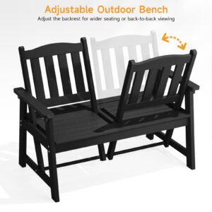 ONBRILL Outdoor Bench, 2-Person Weatherproof Garden Bench with Adjustable Backrest, All-Weather Patio Bench Will not Rot and Fade for Garden, Porch, Backyard and Park, Easy Installation, Black