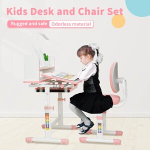 MOOITZ Kids Desk and Chair Set, Height-Adjustable Desk for Kids, Kid Desk with Led Lamps, Childrens Desk with 60° Tilting Tabletop, Upholstered Recliner and Multiple Extra-Large Storage Drawer (Pink)