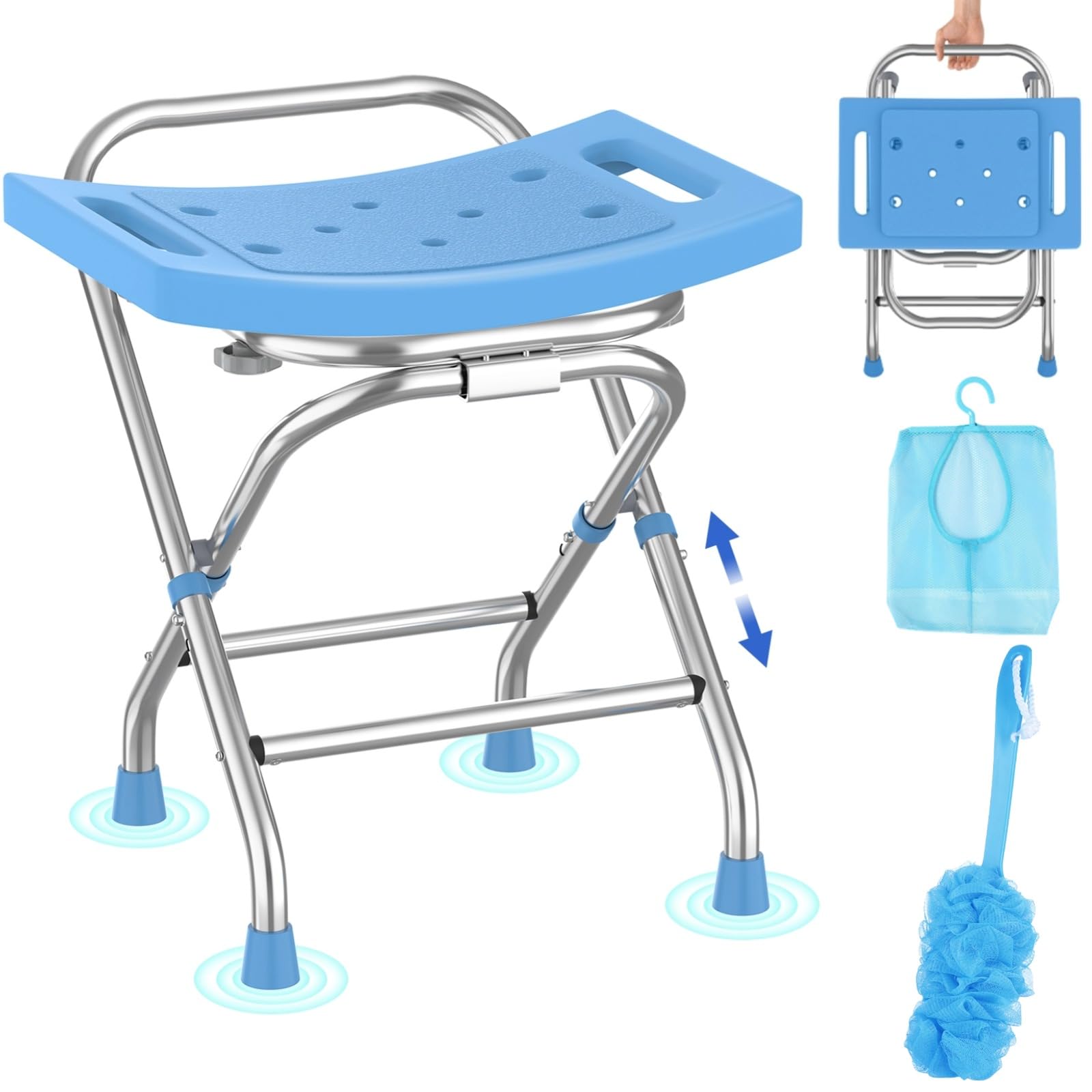 Folding Shower Seat - Stainless Steel Shower Chair for Inside Shower - 420lbs Height Adjustable Foldable Shower Stool - Portable Travel Collapsible Bath Bench for Elderly, Senior, Handicap & Disabled