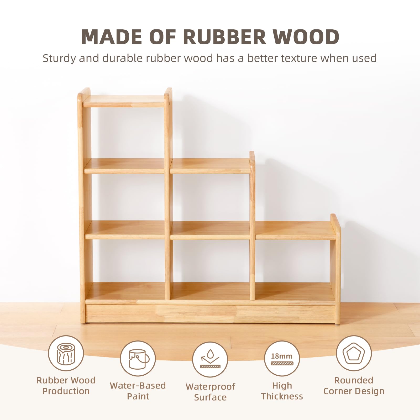 OOOK Rubber Wood 6 Cube Storage Organizer, Ladder Corner Shelf with Display Paltform, 3 Tier Kids Bookshelf and Toy Storage, Kids Furniture, Natural Solid Wood.