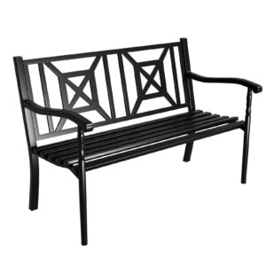 shgj&soft outdoor bench, garden bench, cast iron metal frame patio park bench with a small table, for porch, lawn, garden, yard (d1021bk-1)