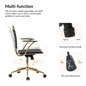 HULALA HOME Faux Leather Woven Office Desk Chair, Adjustable Swivel Task Chair with Padded Arms and Golden Legs, Modern Rattan Upholstered Computer Chair, Black