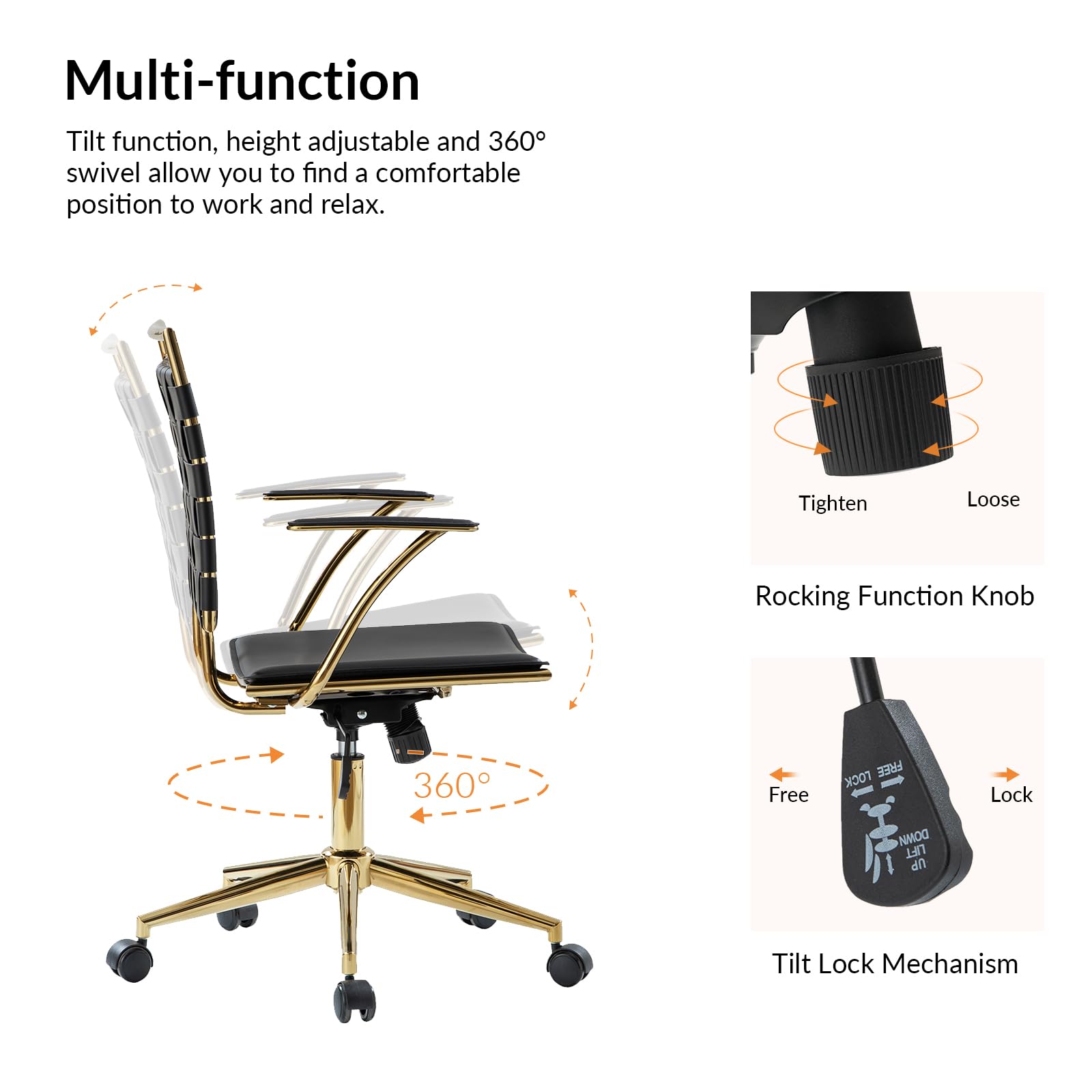 HULALA HOME Faux Leather Woven Office Desk Chair, Adjustable Swivel Task Chair with Padded Arms and Golden Legs, Modern Rattan Upholstered Computer Chair, Black