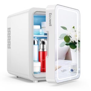 ecowell mini skincare fridge with led mirror, 4l/6can skin care fridge for makeup cosmetic beauty, small refrigerator for bedroom office dorm car, cooler & warmer, white