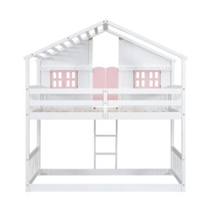 Harper & Bright Designs House Bunk Bed Twin Over Twin for Kids, Wood Bunk Beds with Roof, Windows, Window Box and Small Door, Floor Bunk Beds with Ladder and Guard Rails for Girls Boys,Pink