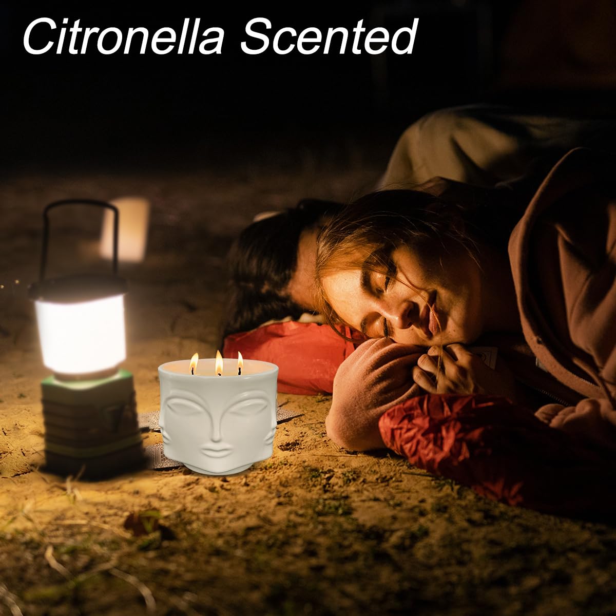 Citronella Candles Outdoor, YeeQue Aromatherapy Candle Long Lasting 100hrs with Ceramic Face Design for Outside Party Camping 20oz,3wicks