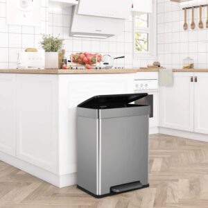 15 Gallon/56 L Kitchen Trash Can, Stainless Steel Double Trash Can with Lid, Double Barrels Garbage Can, Fingerprint-Resistant Finish, Step Trash Can with Soft Close Lid for Kitchen Bedroom Office