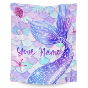 custom kids blanket for girls with name, gift for mermaids lovers, 60 x 50 inches mermaid blanket for kids, warm flannel throw mermaid tail blanket, soft glitter throws for bed, couch office travel