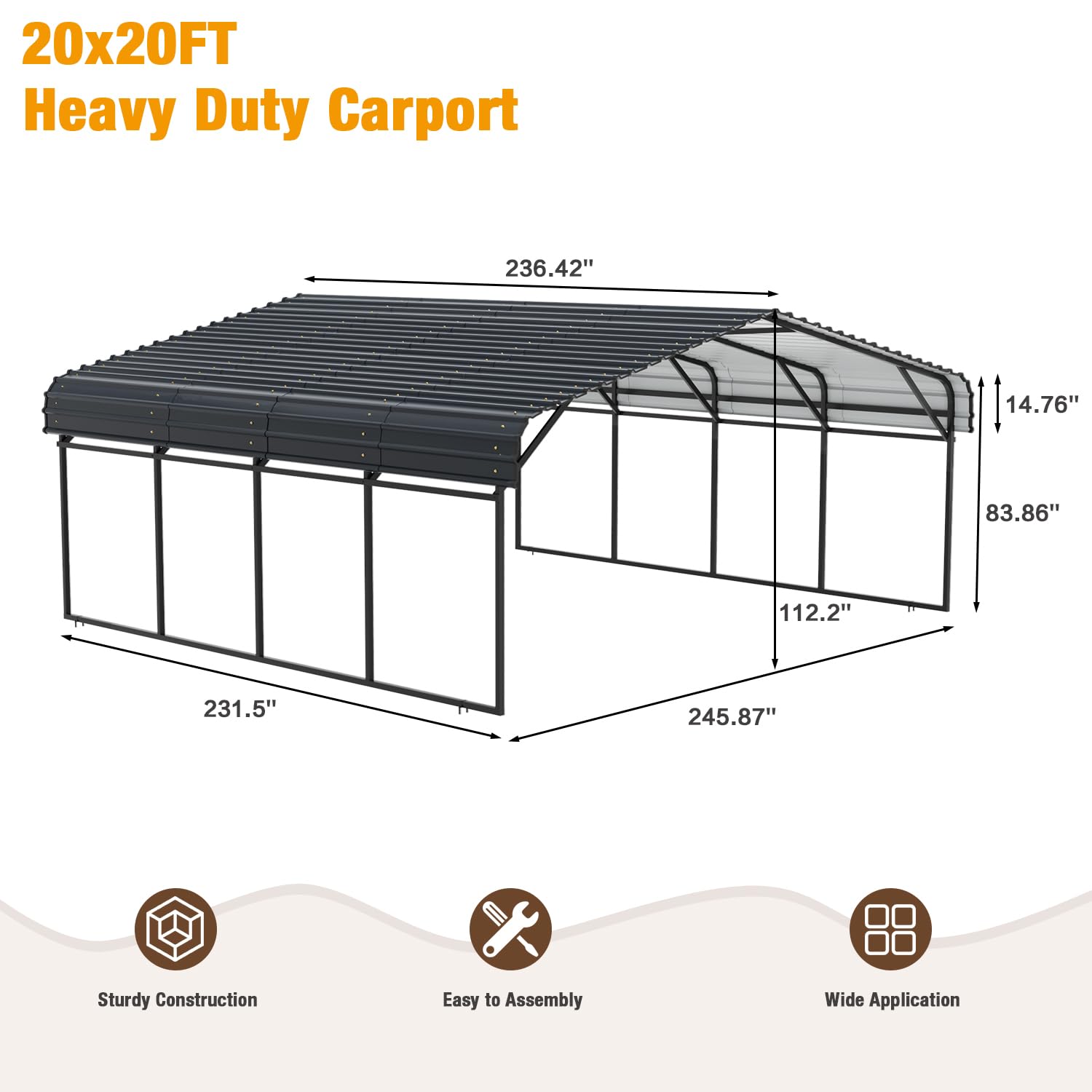 EBE 20' x 20' Metal Carport, Heavy Duty Outdoor Carport with Galvanized Steel Roof, Carport Garage Car Shelter Shade for SUV, Truck and Boats, Grey