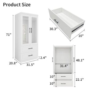 Keloyid Wooden Armoire Wardrobe Closet with Glass Door, Bedroom Armoire Storage Cabinet, 4 Door Modern White Armoire Wardrobe Closet with Hanging Rod for Bedroom