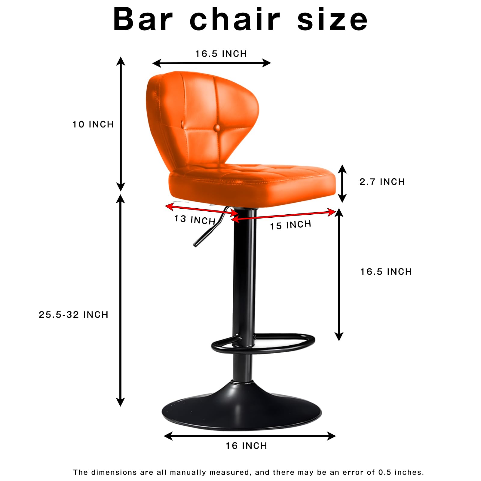 Modern Bar Stool Set of 2 Swivel Kitchen Stool Height Adjustable Padded Seat with Backrest Metal Frame Anti-Slip Base Ideal for Home Restaurant Bar (Orange)