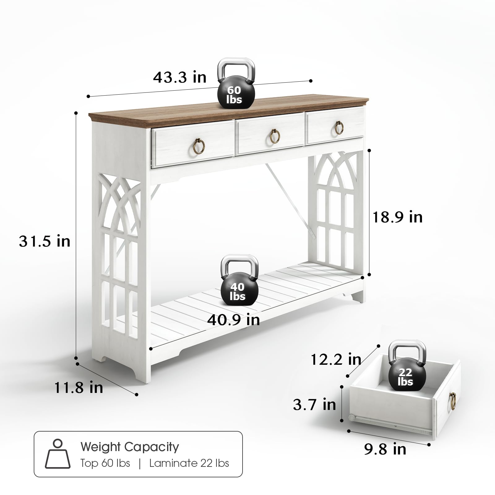 funitydg,43" Console Tables for Entryway with Drawers, Farmhouse Entryway Table with Shelf, Narrow Long Entry Table with Solid Wood Legs, Rustic Vintage Sofa Foyer Tables for Entryway, White