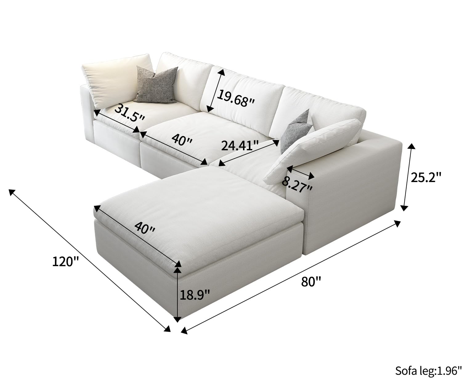 Cloud Modular Sectional Sofa with Storage Ottoman,120" L Shaped Sectional Couches for Living Room,Down Filled Comfort Minimalist Deep Sofa Couches for Office Apartment (White, 3 Seater+1 Ottoman)