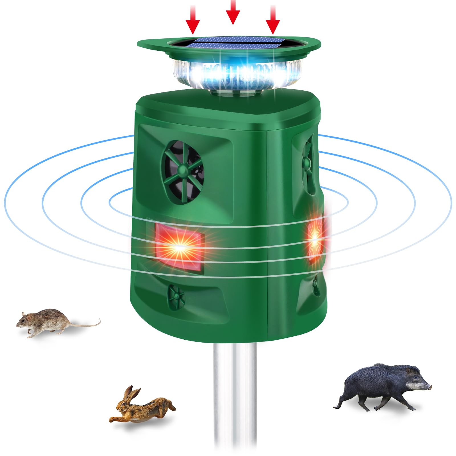 Solar Ultrasonic Animal Repeller,360° Cat Repellent Outdoor,Solar Outdoor Animal Repeller Dog Repellent with Motion Sensor and Flashing Lights,Deer Repellent Devices,Repel Raccoon,Skunk,Squirrels