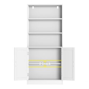 holzart 75" Tall Bookcase with Doors, 5 Tier Large Bookshelf with Cabinet, Standing Wood Display Book Shelf for Living Room, Office, Library with Doors, White