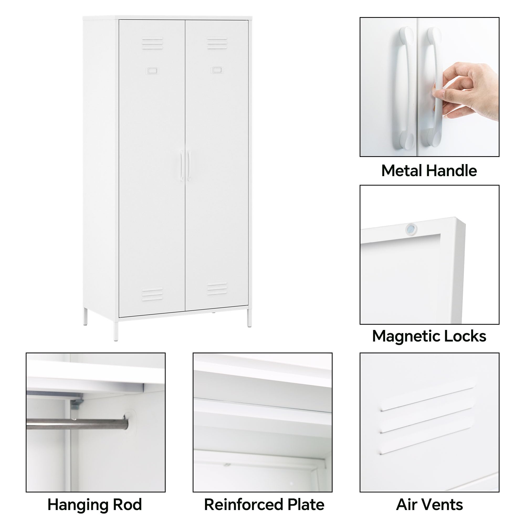 MIOCASA Metal Armoire, Wardrobe Closet Cabinet with 1 Hanging Rod and 4 Shelves Steel Storage Locker Clothes Organizer for Bedroom, Changing Room, Laundry Room, Office - White